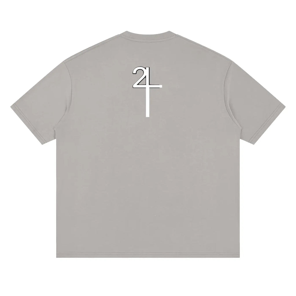 Gray short-sleeved drop shoulder t-shirt with white stylized 24 graphic on back from I AM CHURCH Christian streetwear UK