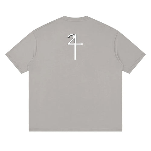 Gray short-sleeved drop shoulder t-shirt with white stylized 24 graphic on back from I AM CHURCH Christian streetwear UK