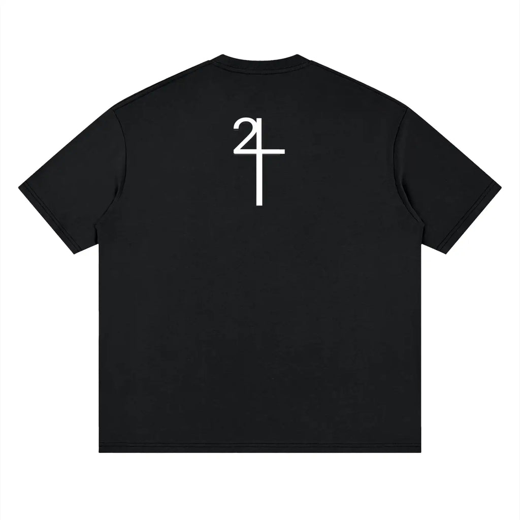 Black short-sleeved drop shoulder t-shirt with white 24 graphic on back from i am church christian streetwear uk