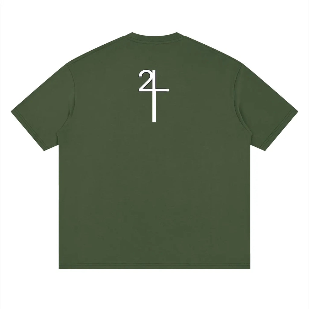 Olive green drop shoulder short-sleeved t-shirt with white 24 graphic on back christian streetwear uk
