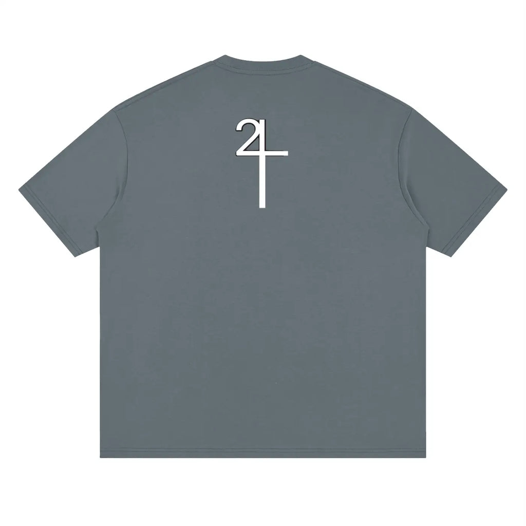 Back of a dark gray i am church drop shoulder t-shirt featuring a minimalist white 24 graphic in christian streetwear