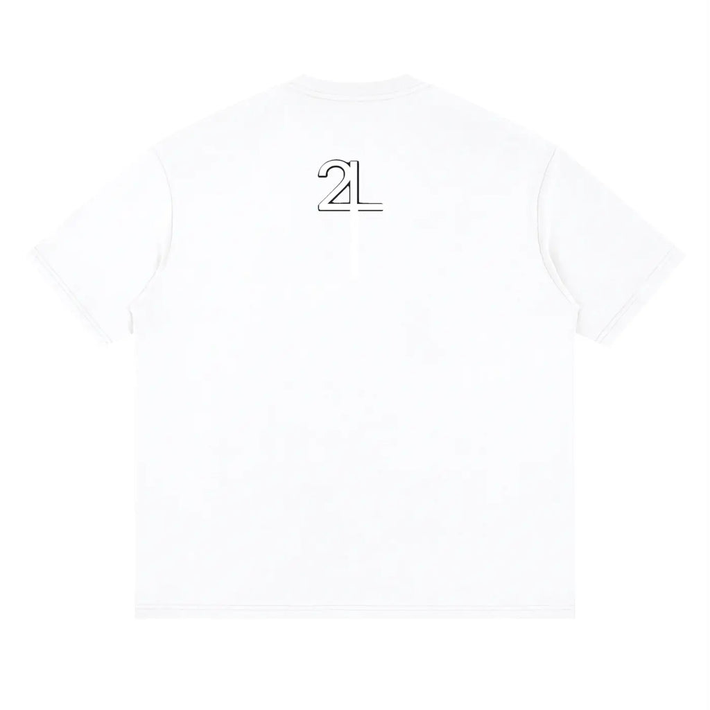 White short-sleeved cotton I AM CHURCH drop shoulder t-shirt with minimalist black 2l logo on the back for Christian streetwear UK