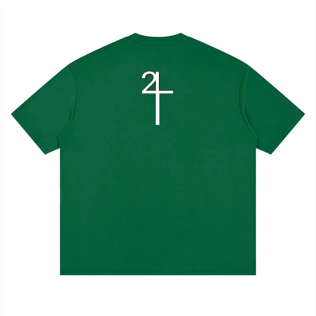 Dark green drop shoulder short-sleeved t-shirt with white stylized 24 graphic on back from i am church christian streetwear uk