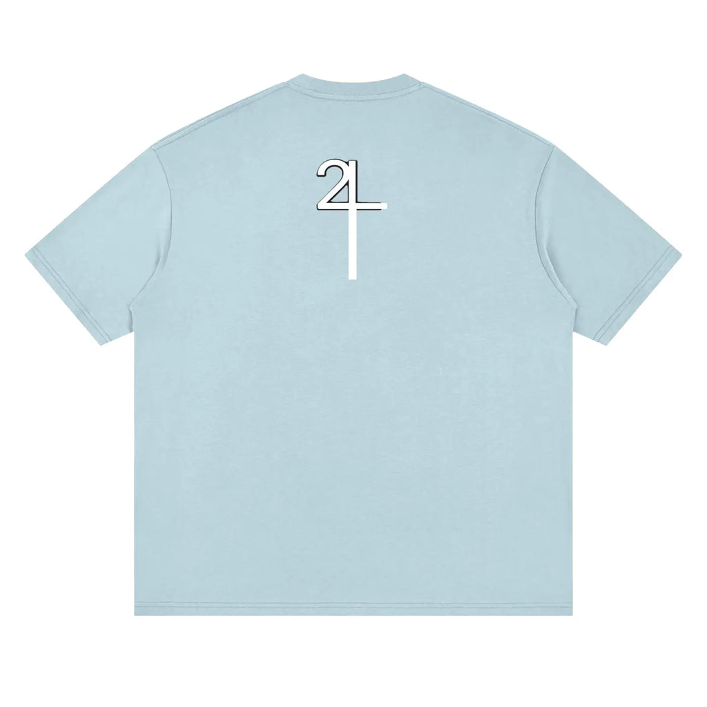 Light blue drop shoulder short-sleeved t-shirt with white stylized 24 graphic on the back from I AM CHURCH Christian streetwear