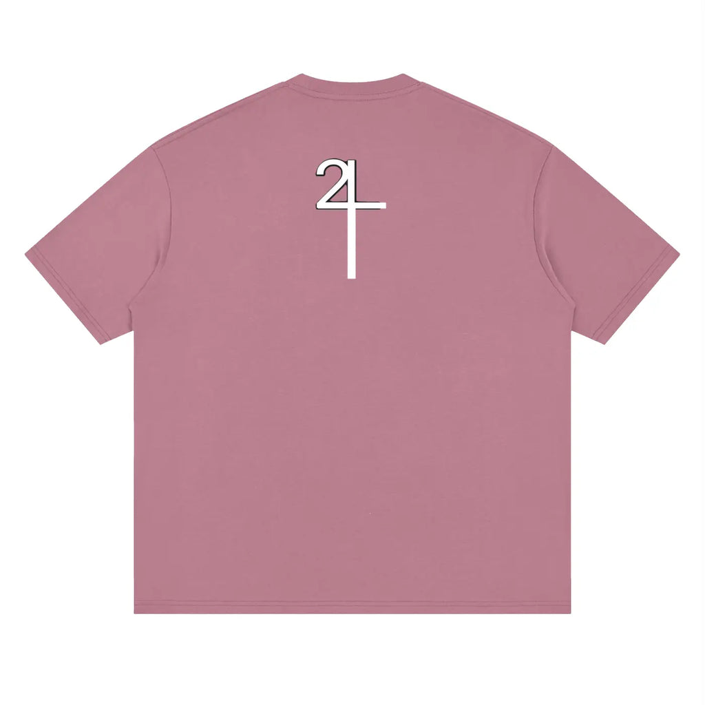 Soft pink drop shoulder short sleeve t-shirt with bold white 24 graphic on back from I AM CHURCH Christian streetwear