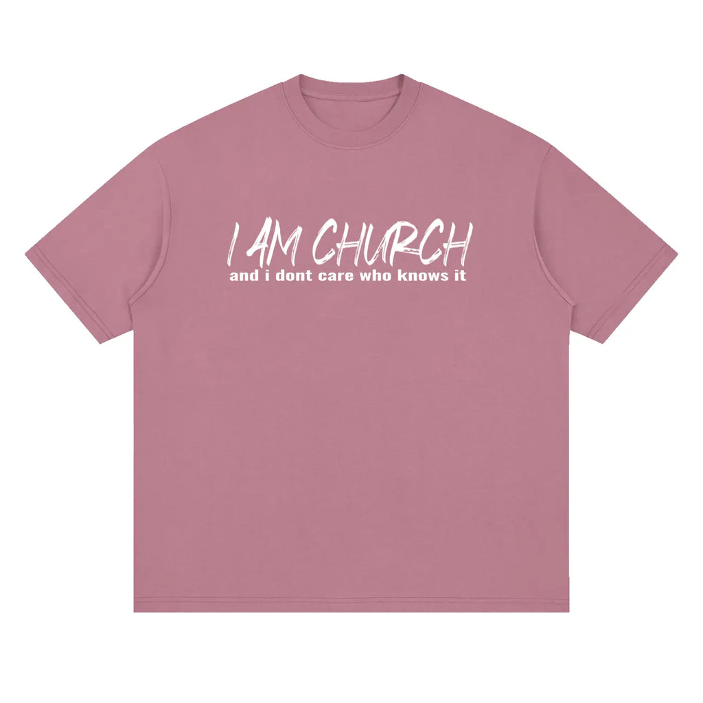 A soft mauve cotton i am church drop shoulder t-shirt with bold white graphic and christian streetwear design