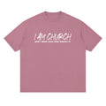 A soft mauve cotton i am church drop shoulder t-shirt with bold white graphic and christian streetwear design