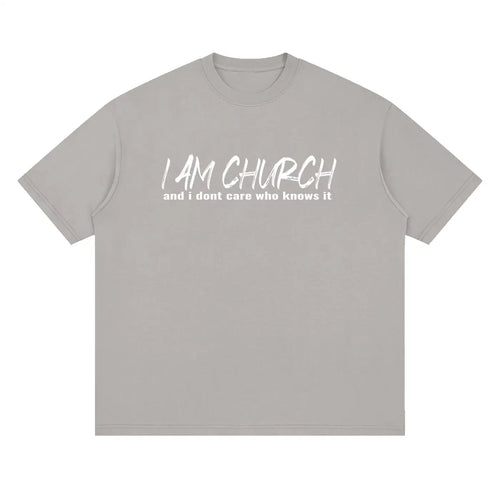 Gray cotton crewneck drop shoulder t-shirt with white i am church text and smaller line below from Too Loud