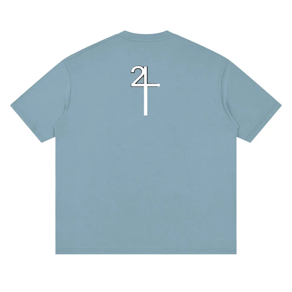 Light blue I AM CHURCH drop shoulder t-shirt with white stylized 24 graphic on the back for Christian streetwear UK