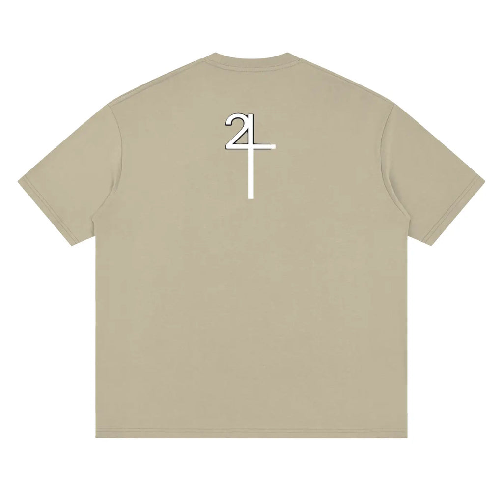Beige I AM CHURCH drop shoulder t-shirt with white stylized 24 graphic on back Christian streetwear UK